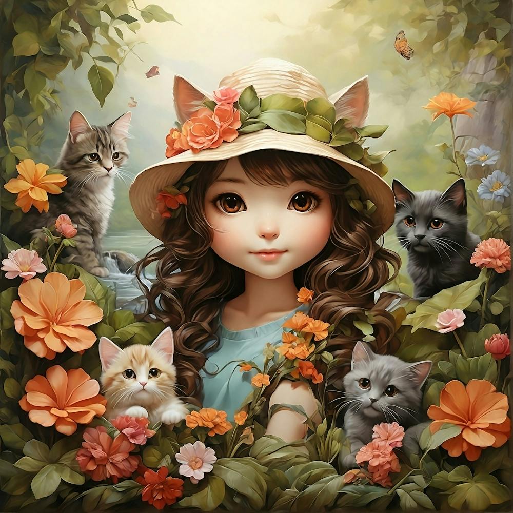 Little Girl With Cats