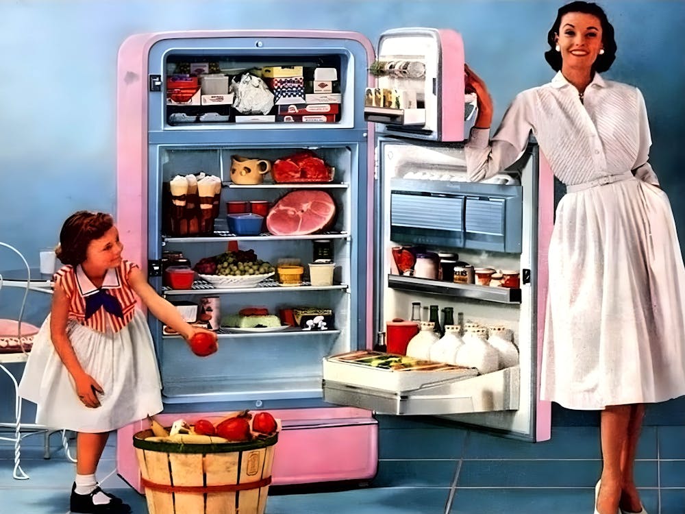 Housewife Showing A Full Fridge, Baby Boomers Era, Funny Vintage Advertising Poster