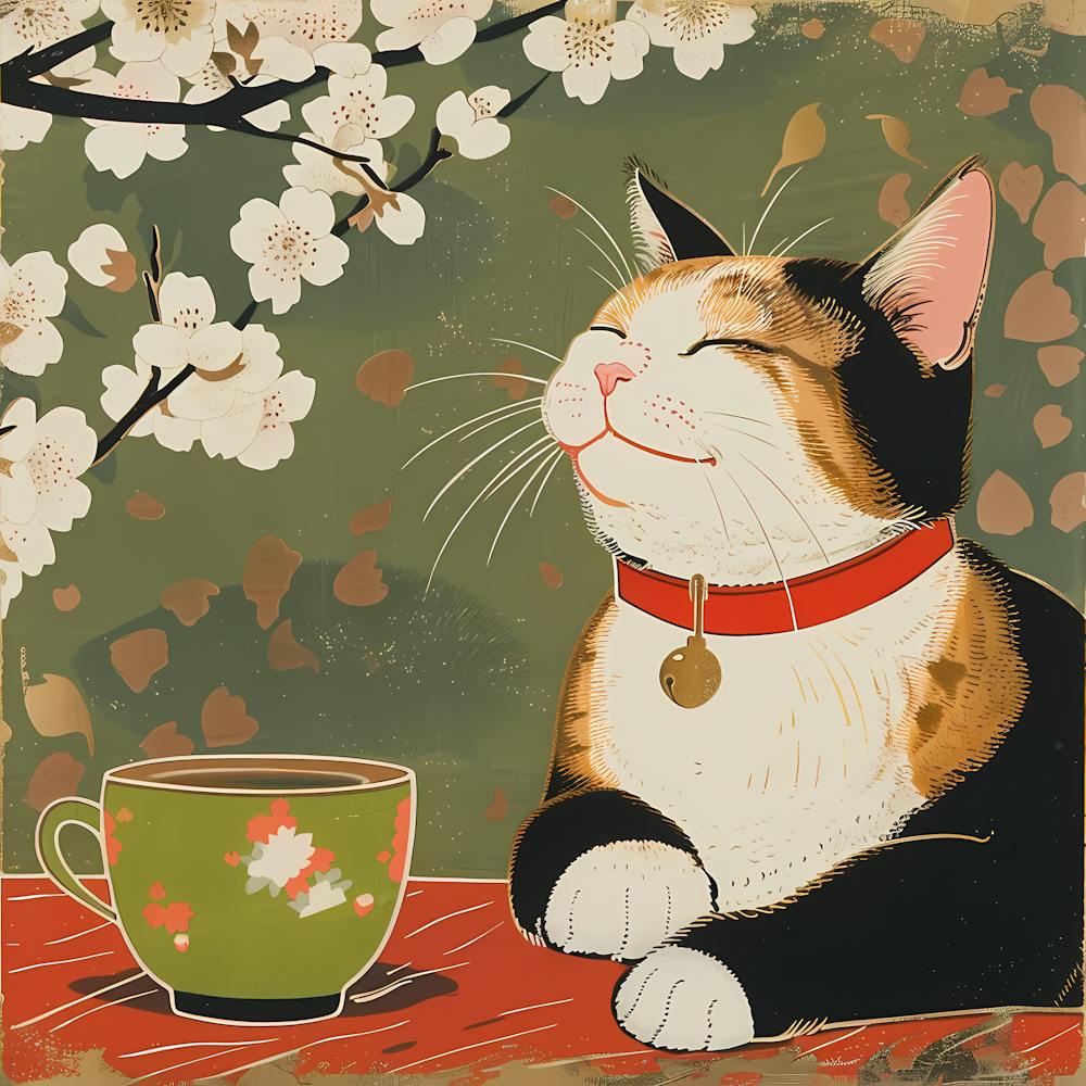 Chat Calico Noir et Thé Vert
