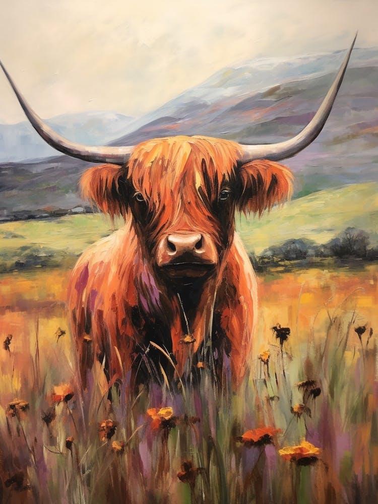 Warm Floral Impressionism Style Painting Of Highland Cow 1