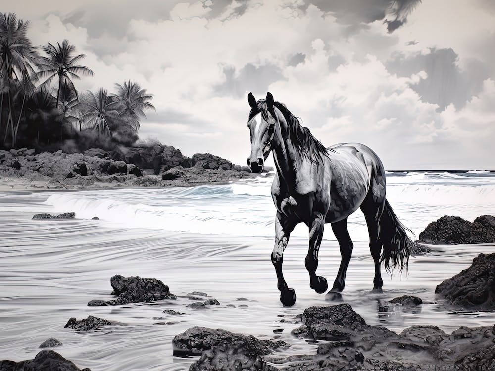 A Horse Oil Painting In Punalu U Beach Hawaii, Usa, Landscape 2
