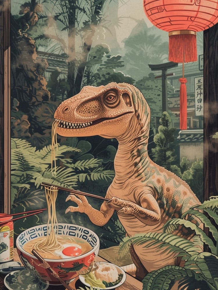 Dinosaur Eating Ramen Retro Collage