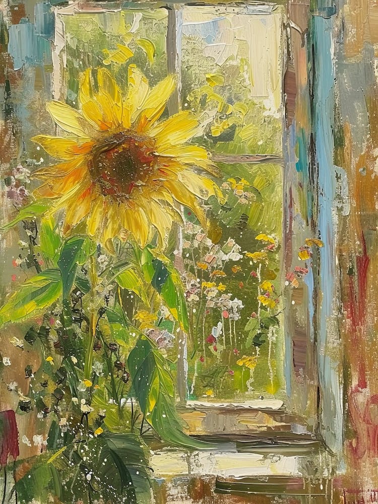 Sunflower Flowers On A Cottage Window 3