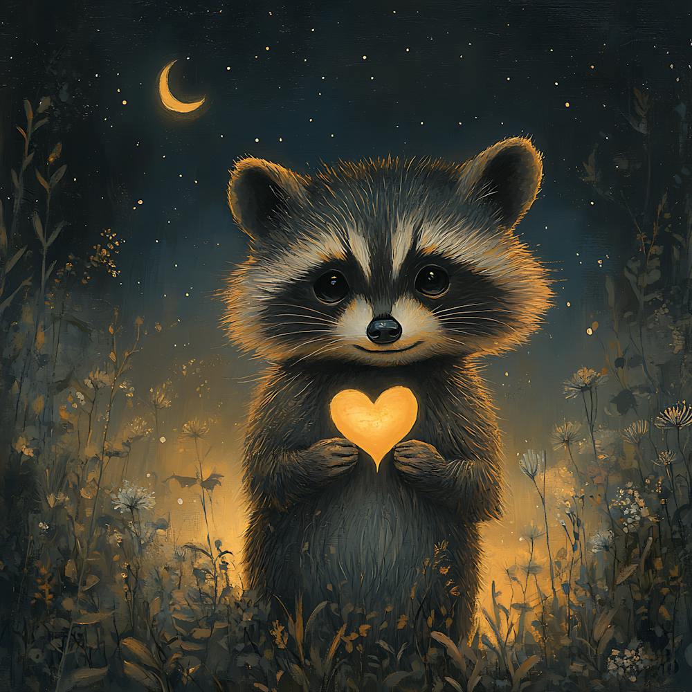 Curious Raccoon with Heart Leaf Backdrop 1