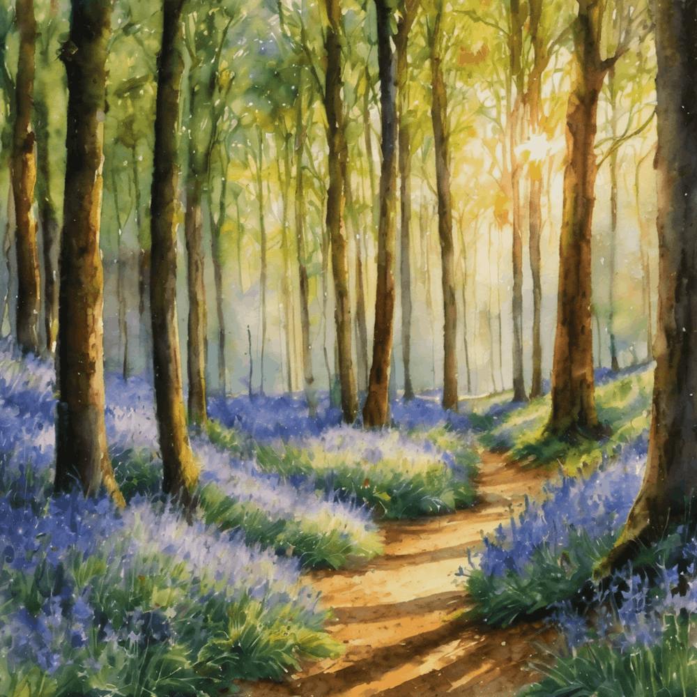 Bluebells Path Through The Woods - Watercolor Sunlit Forest Walk HD Gallery Wall Fine Art - Purple Blue May Day Beautiful Tranquil Peaceful Landscale Scenery Square