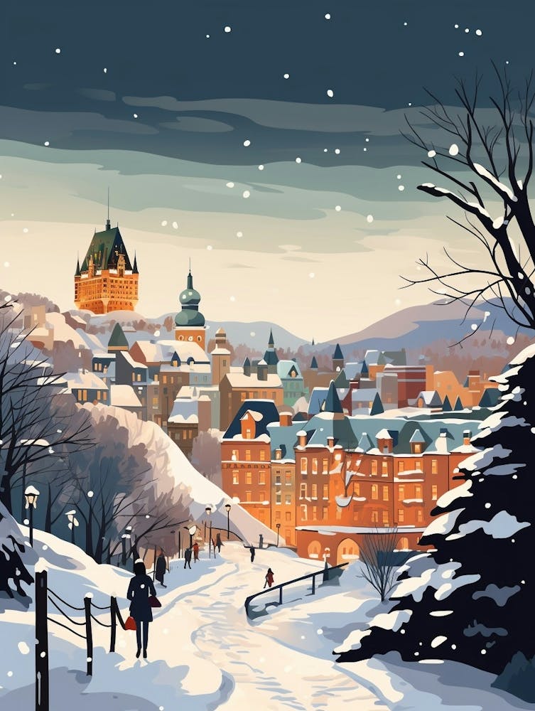 Winter Travel Night Illustration Quebec City Canada 1