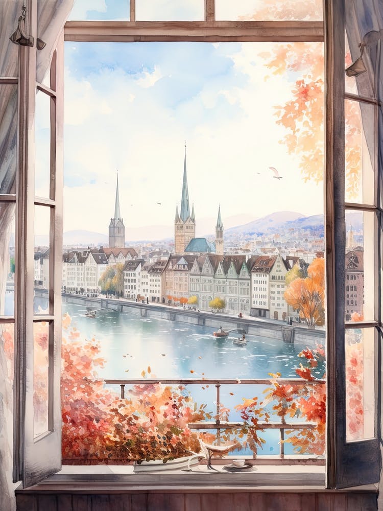 Window View Of Zurich Switzerland In Autumn Fall, Watercolour 3