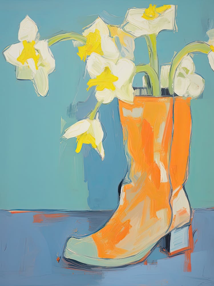 Ein Gemälde von Cowboystiefeln mit Narzissenblüten, Pop-Art-Stil 1