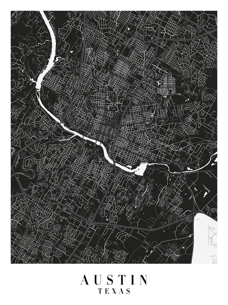 Austin Texas Minimal Black Mono Street Map 