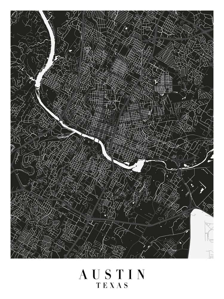Austin Texas Minimal Black Mono Street Map