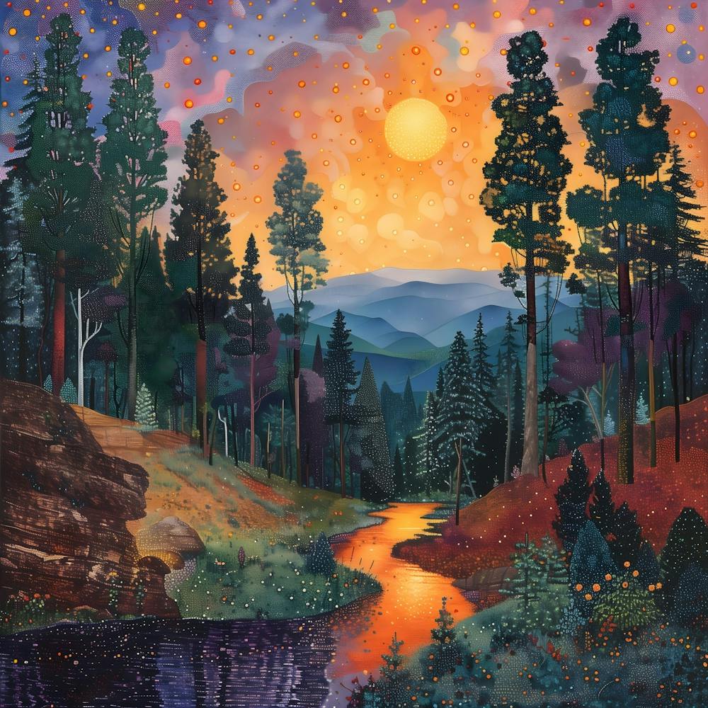 Sunset In The Forest, Tiny Dots, Pointillism