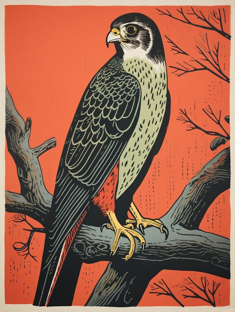 Vintage Bird Linocut Falcon 7