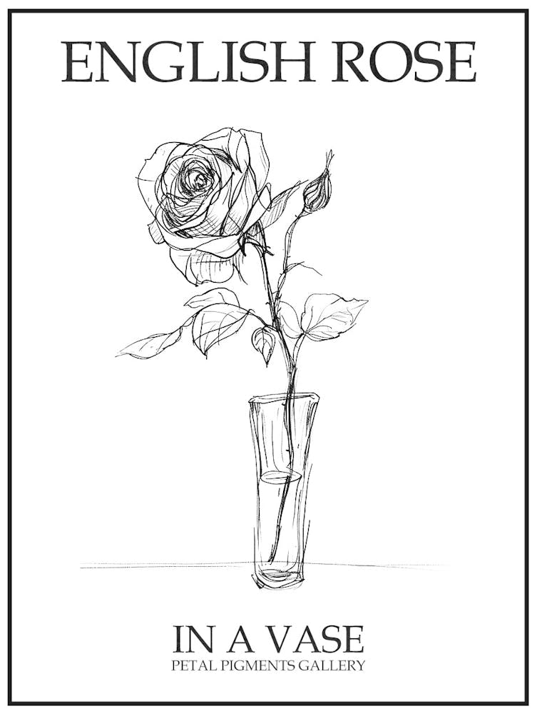 English Rose In A Vase Line Drawing 4 Poster
