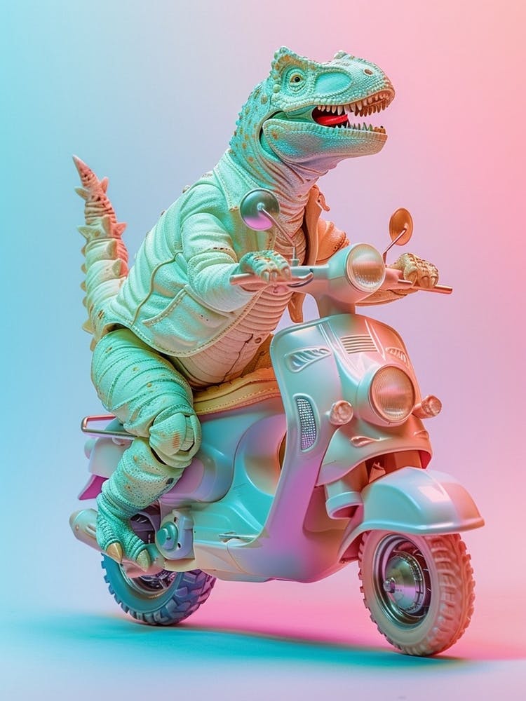 Pastel Toy Dinosaur On A Moped 1