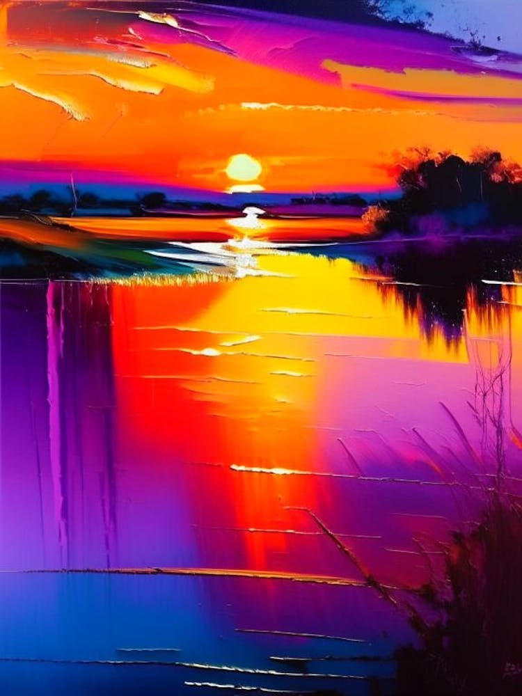 Sonnenuntergang über Fluss-Wasserlandschaft Hell Abstrakt 1