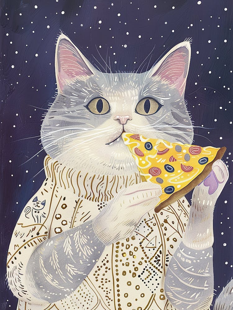 Grey And White Cat Pizza Lover Folk Illustration 3