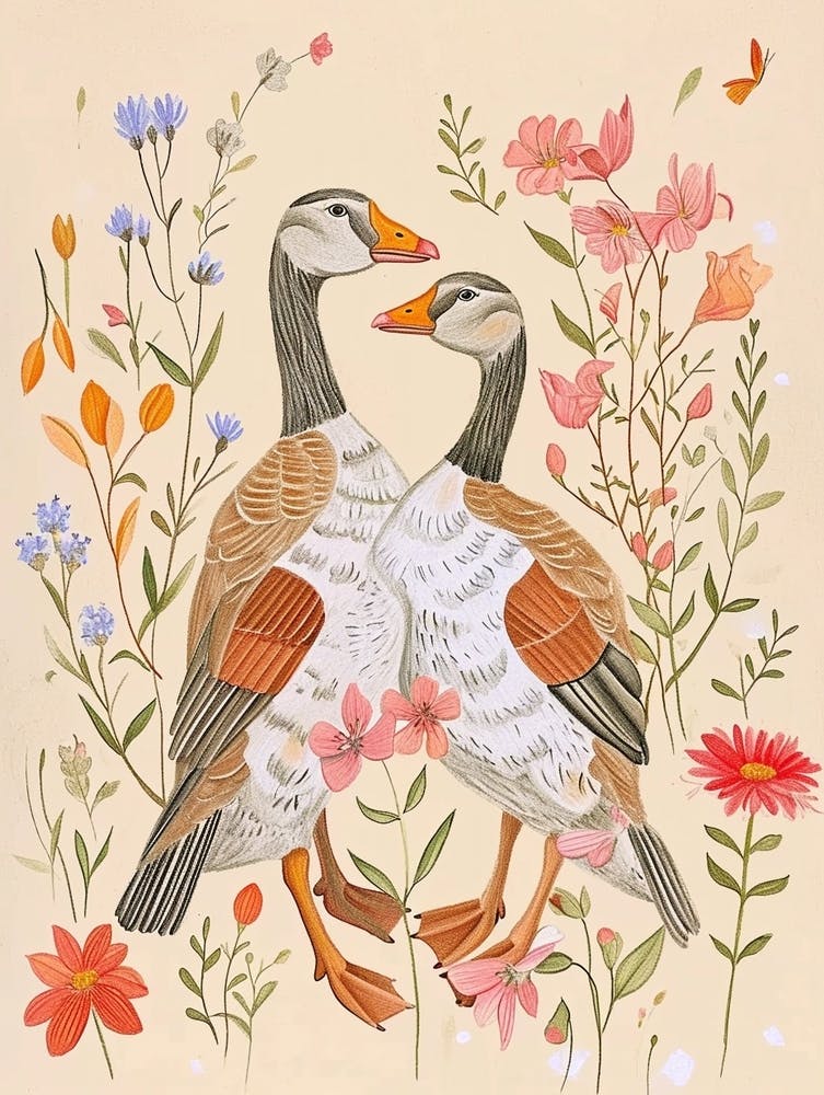 Folksy Floral Animal Drawing Goose 2