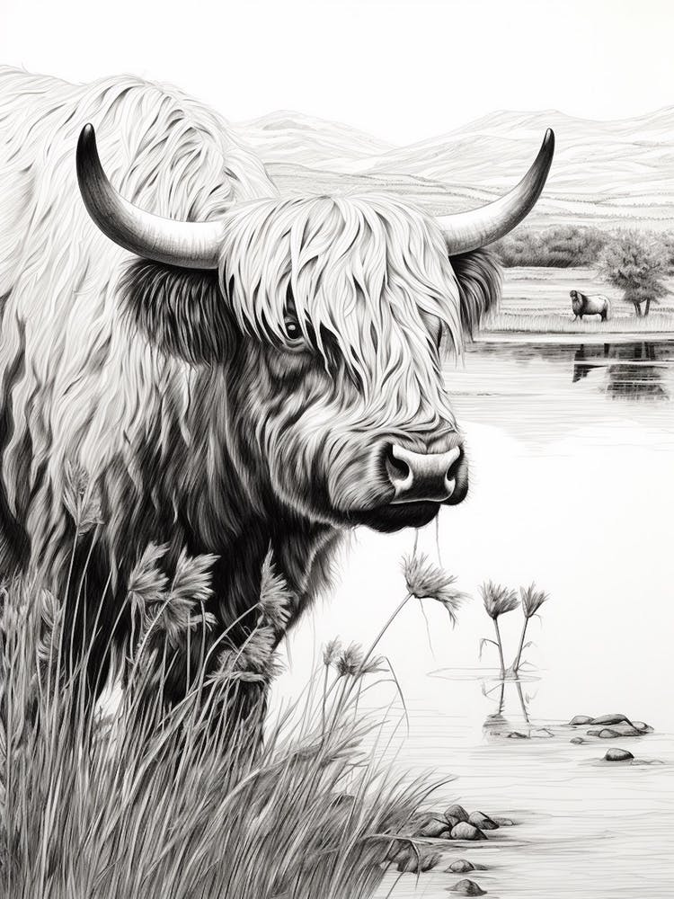 Black & White Illustration Of Highland Cow In The Lake