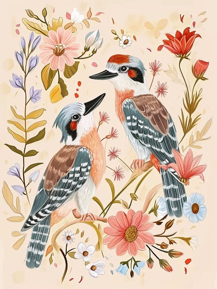 Folksy Floral Animal Drawing Kookaburra
