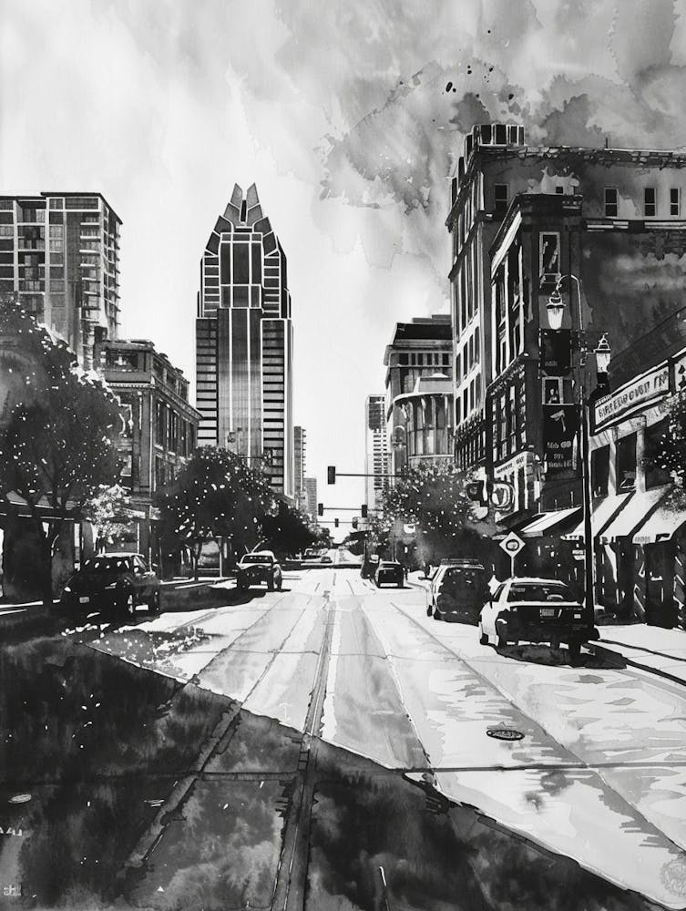 Sixth Street Austin Texas Black And White Watercolour 3