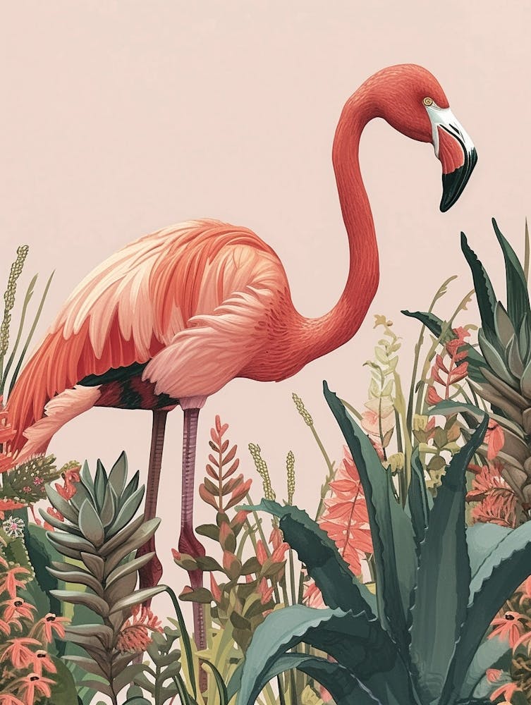 Andean Flamingo And Bromeliads Minimalist Illustration 3