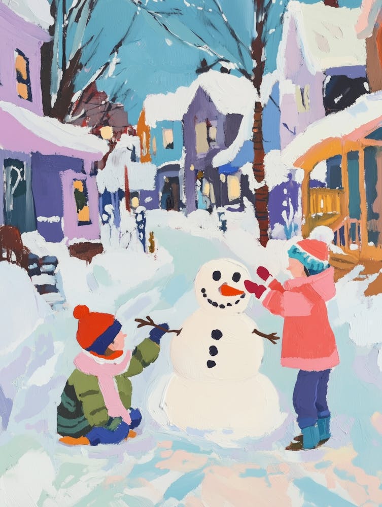 Children Playing With a Snowman Gouache Painting