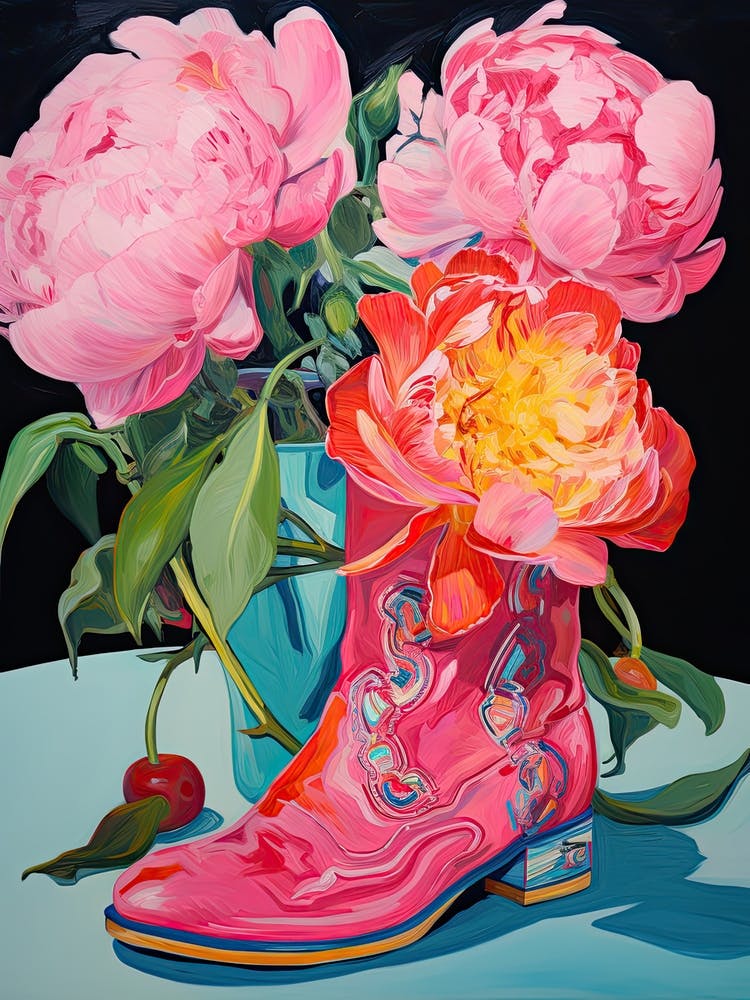 Oil Painting Of Hydrangea Flowers And Cowboy Boots, Oil Style 2