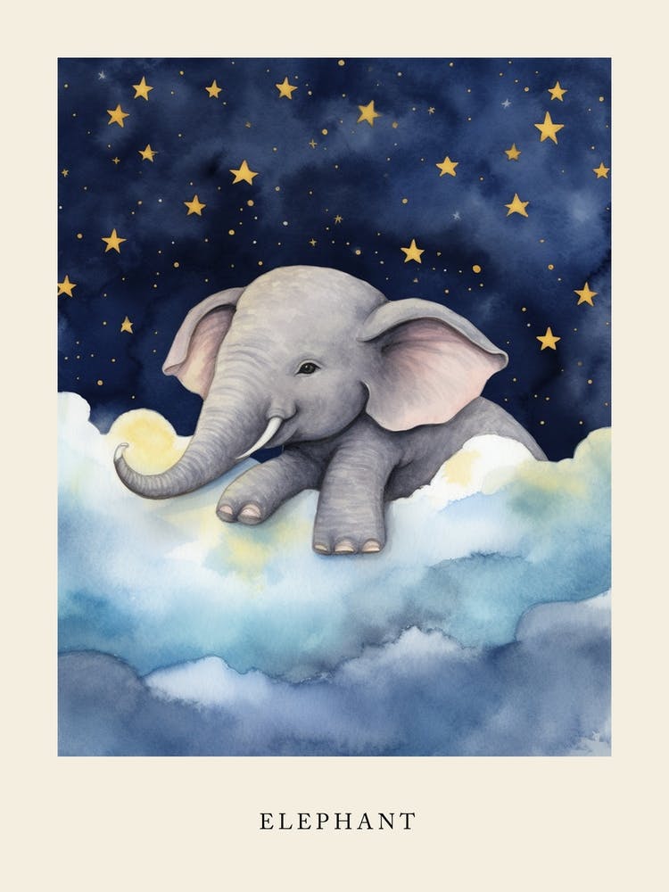 Baby Elephant 7 Sleeping In The Clouds Nursery Poster