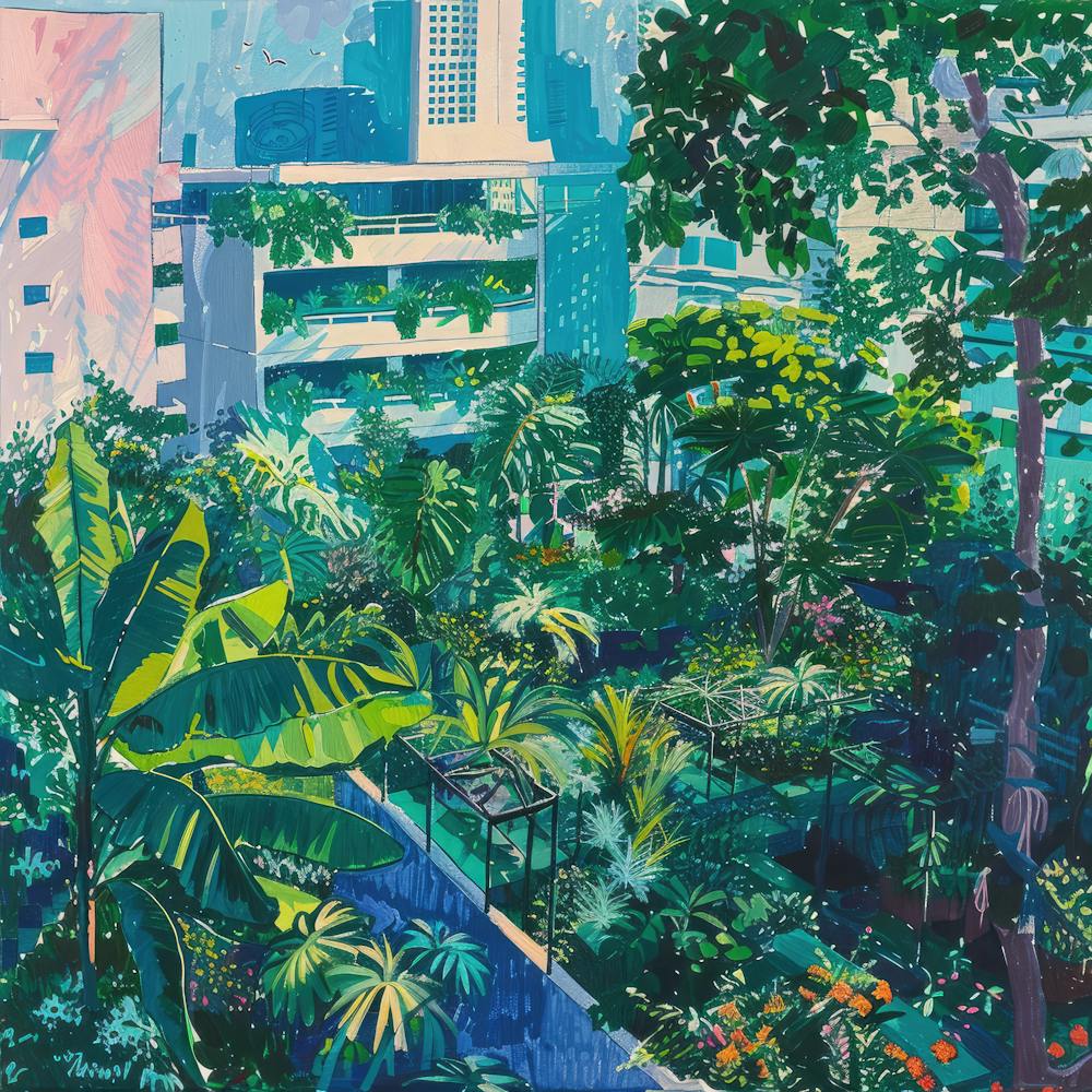 David Hockney Style. Rooftop Garden in Singapore