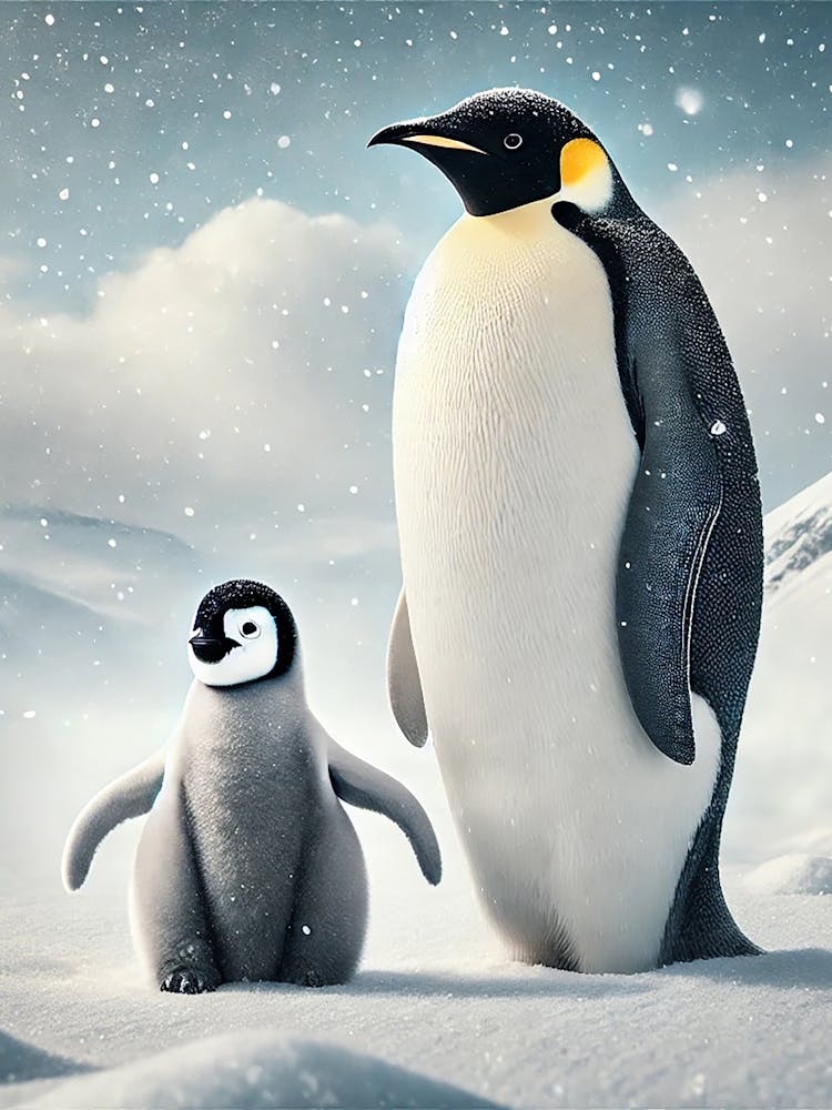 A High Resolution Image Of An Emperor Penguin Standing Next To Its Chick On A Snowy Landscape