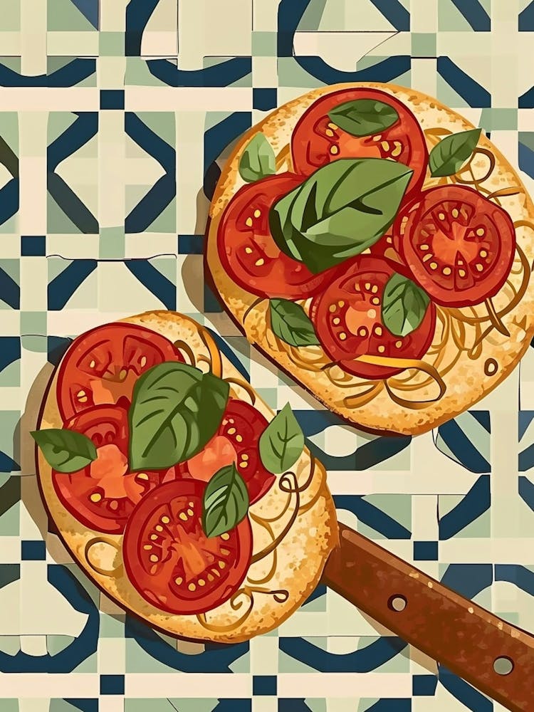 Bruscetta, Tomate & Basilic Sur Fond Carrelé 1
