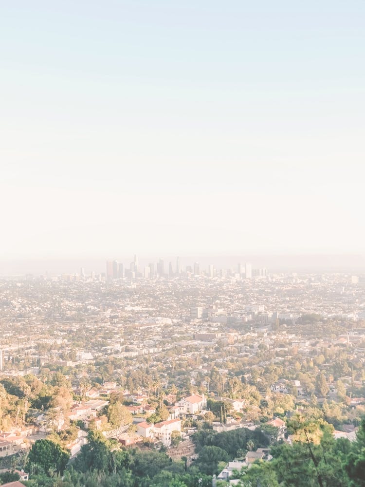 Los Angeles, USA I Panoramic view of LA skyline and downtown at sunset from Griffith Observatory to the retro vintage photography neutral pastel aesthetic of summer light in Hollywood Hills nature countryside