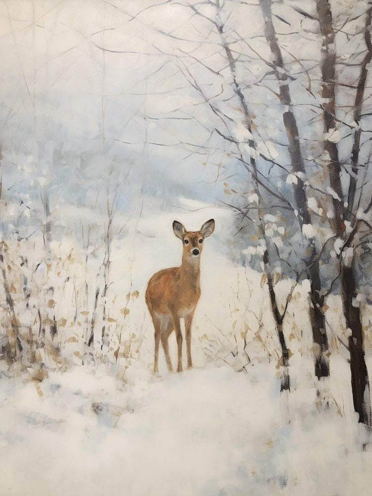 Vintage Winter Animal Painting Fawn