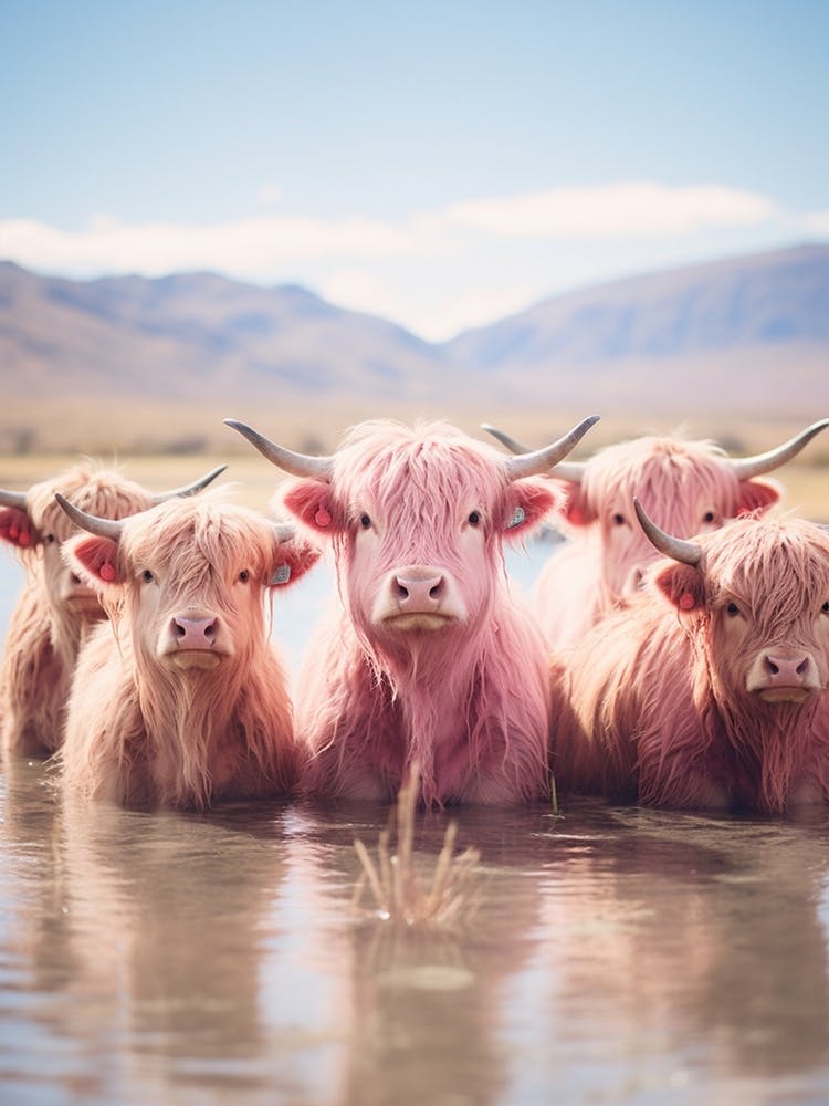 Highland Cows In The River Pink Realistic Photography  1