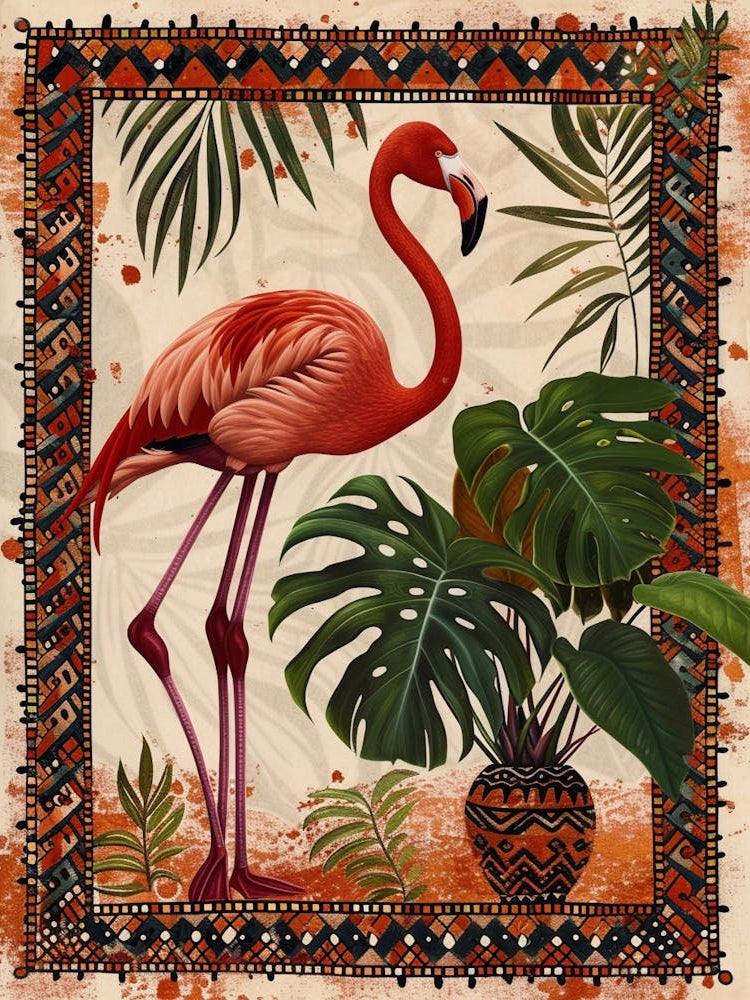 Greater Flamingo And Monstera Deliciosa Boho Print 3