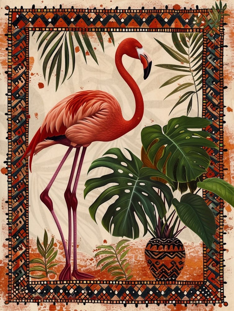 Greater Flamingo And Monstera Deliciosa Boho Print 3