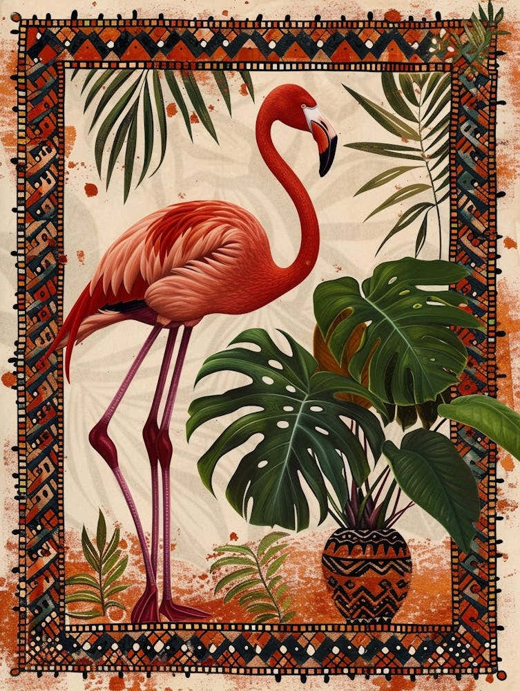 Greater Flamingo And Monstera Deliciosa Boho Print 3