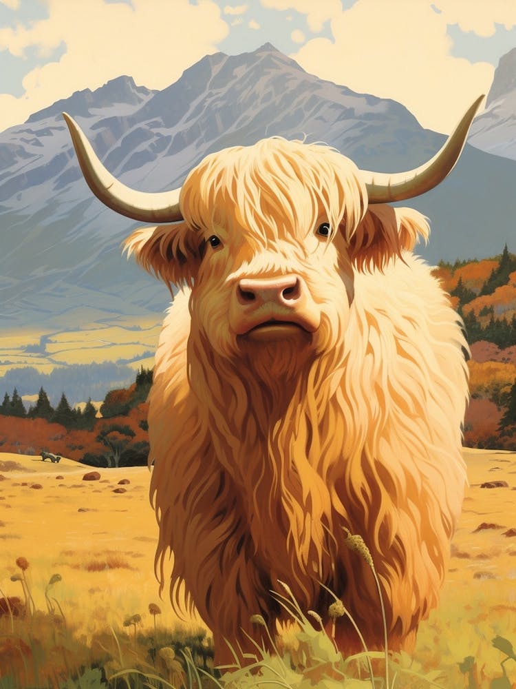 Furry Blonde Highland Cow With The Mountains In The Background