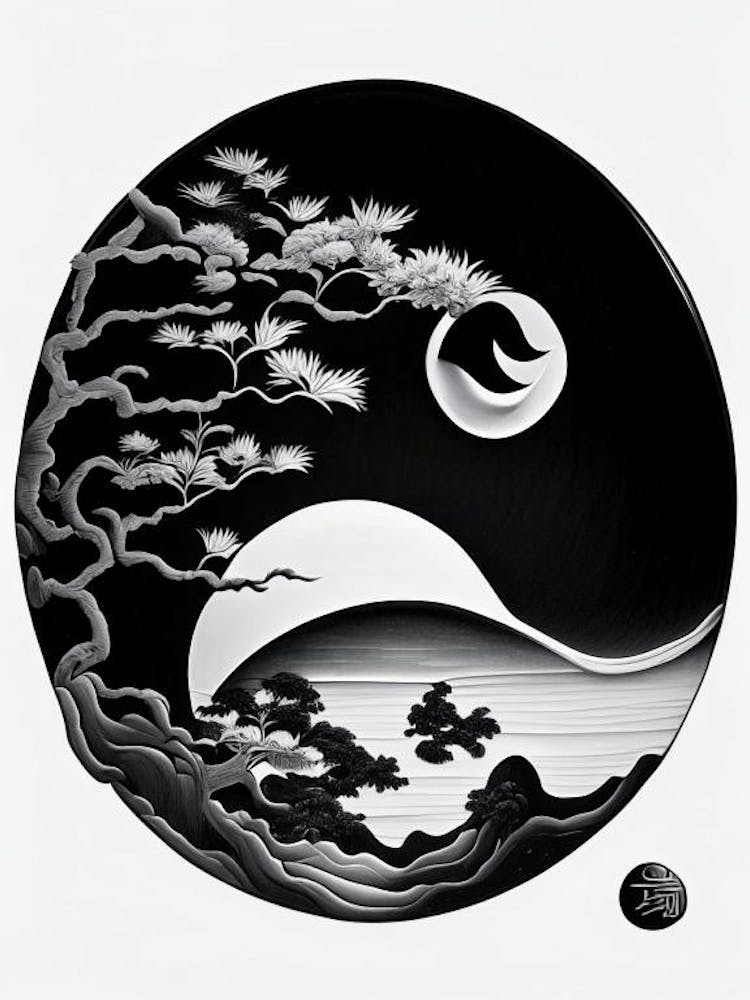 Black And White Yin and Yang Japanese Ukiyo E Style
