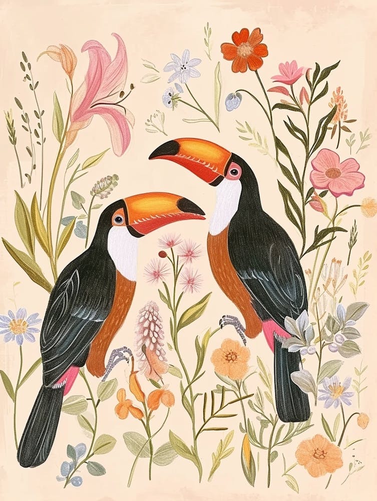 Folksy Floral Animal Drawing Toucan 2