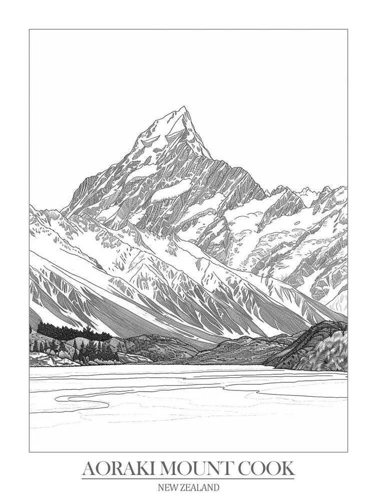 Aoraki Mount Cook New Zealand Line Drawing 4 Poster