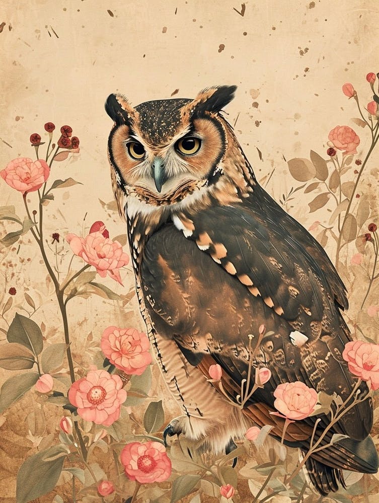 African Wood Owl Japanese Painting 4