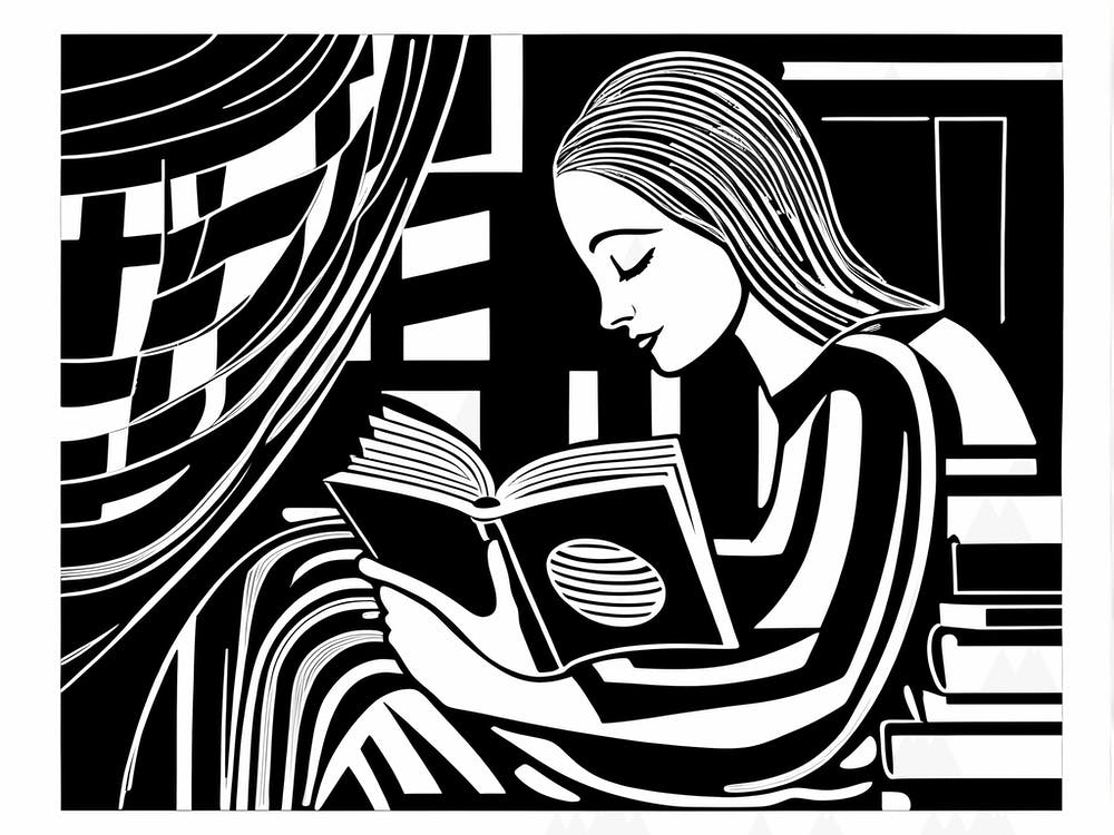 Just a girl who loves to read, Lion cut inspired Black and white Stylized portrait of a Woman reading a book, reading art, book worm, Reading girl 169