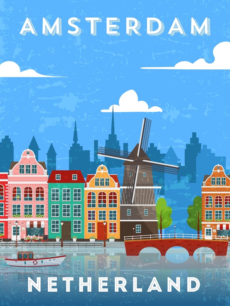 Amsterdam, Netherlands/Holland — Retro travel minimalist poster, retro travel art