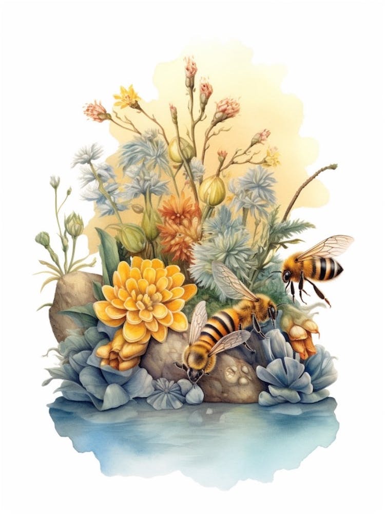 Flowering Plants Bee Beehive Watercolour Illustration 1