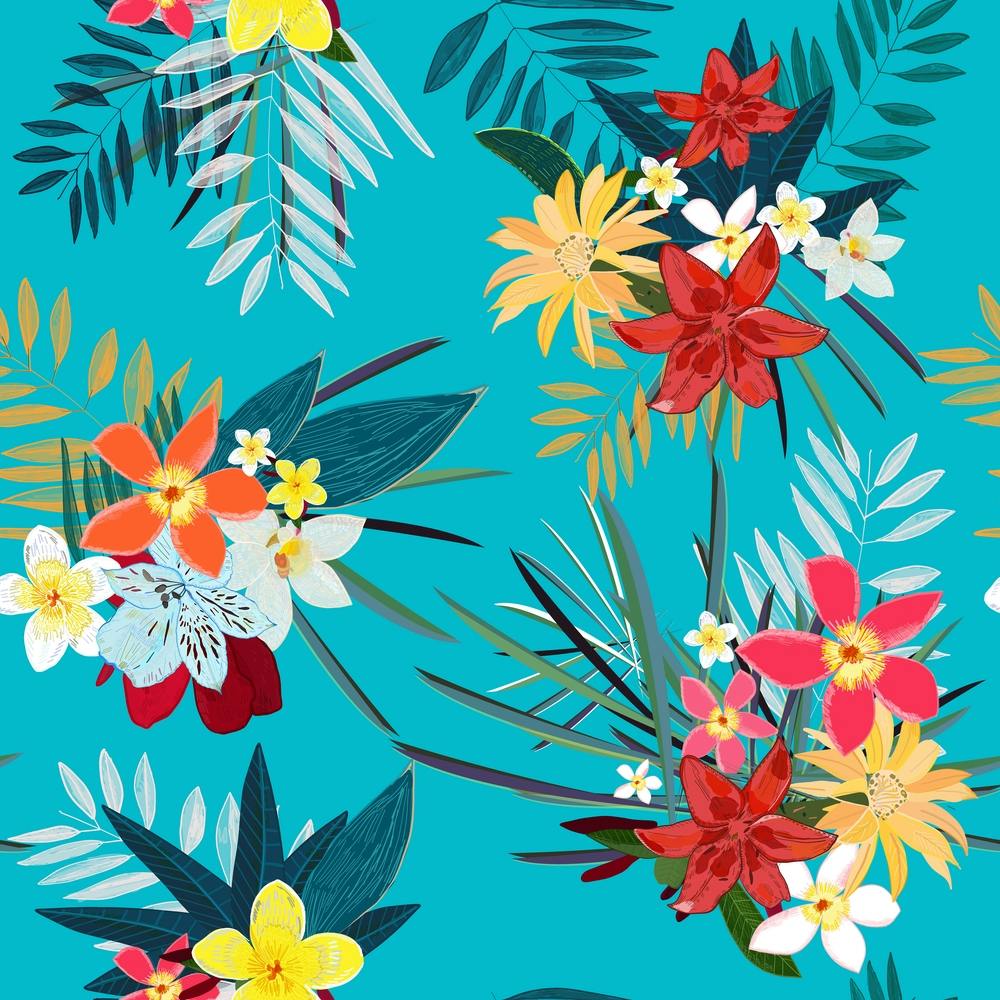 Frangipani, Lily Palm Leaves Tropical Vibrant Colored Trendy Summer Pattern Square