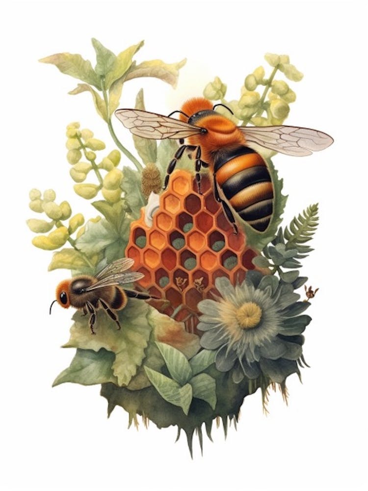 Red Tailed Cuckoo Bee Beehive Watercolour Illustration 2