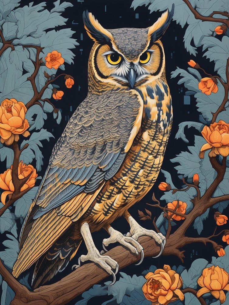 Vintage Bird Linocut Great Horned Owl 4