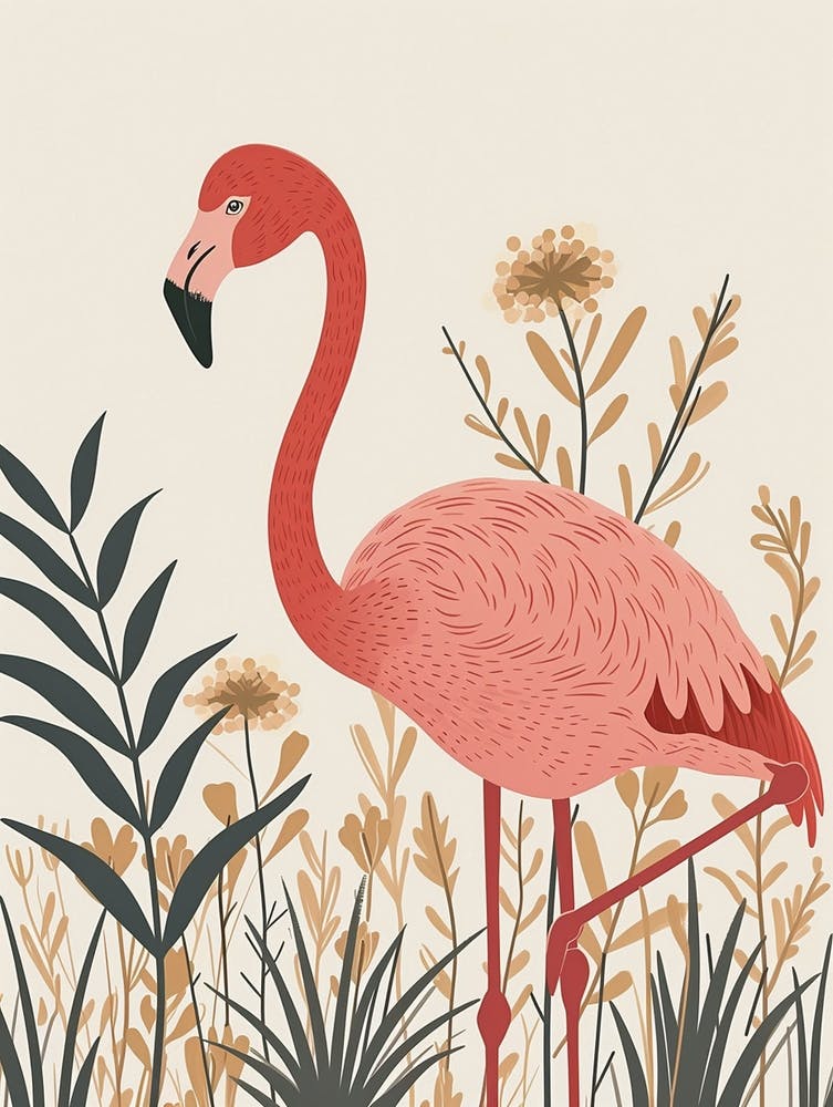 Andenflamingo und Ingwerpflanzen Minimalistische Illustration 3