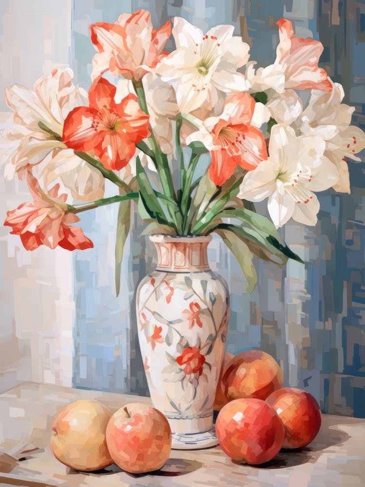 Amaryllis Flower And Peaches Still Life Painting 4 Dreamy